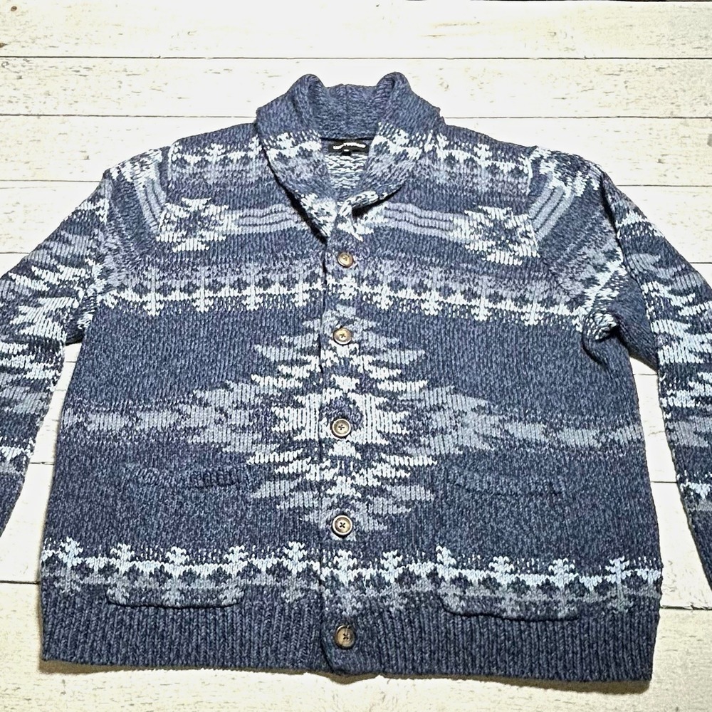 Lucky Brand Men’s XXL Blue/White Geometric Knit Button Cardigan Sweater Pockets